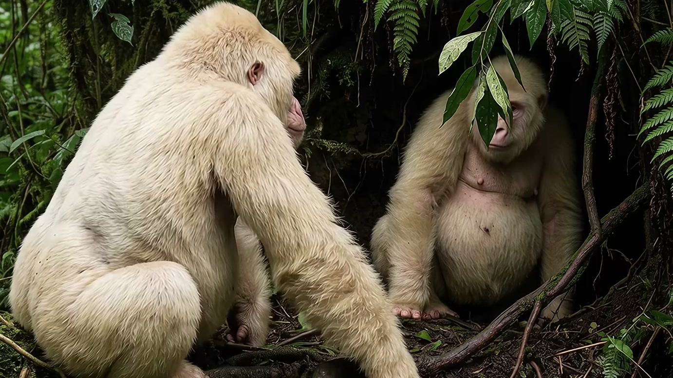 Nascimento de gorila descrito como albino ganha promessa de reação inesperada, enquanto a mãe segura o bebê e outro familiar se aproxima na história
