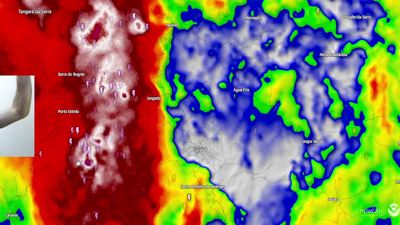 Tempestades se agrupam e avançam em direção a Cuiabá na análise do PLANETA EM FURIA, que aponta risco de vento forte e possíveis destelhamentos