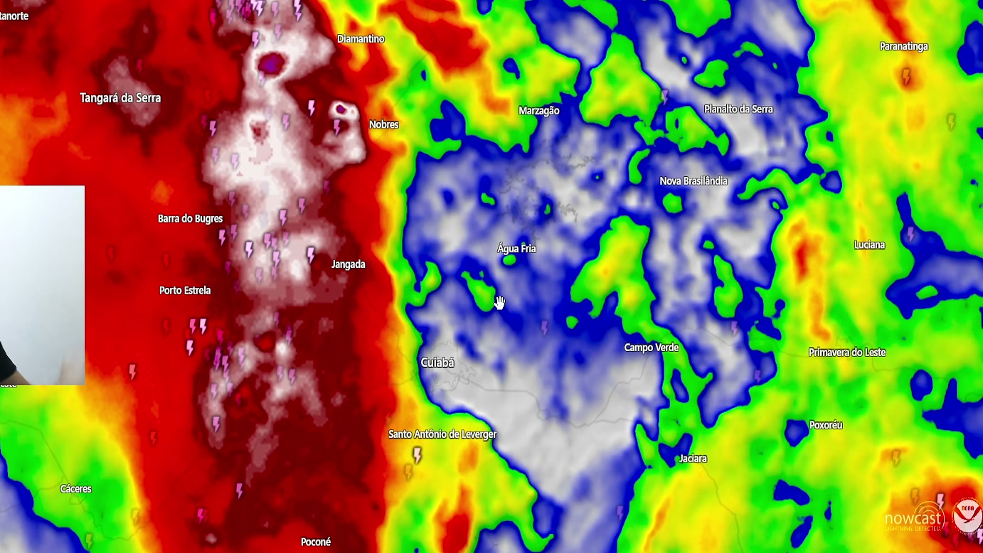 Tempestades se agrupam e avançam em direção a Cuiabá na análise do PLANETA EM FURIA, que aponta risco de vento forte e possíveis destelhamentos