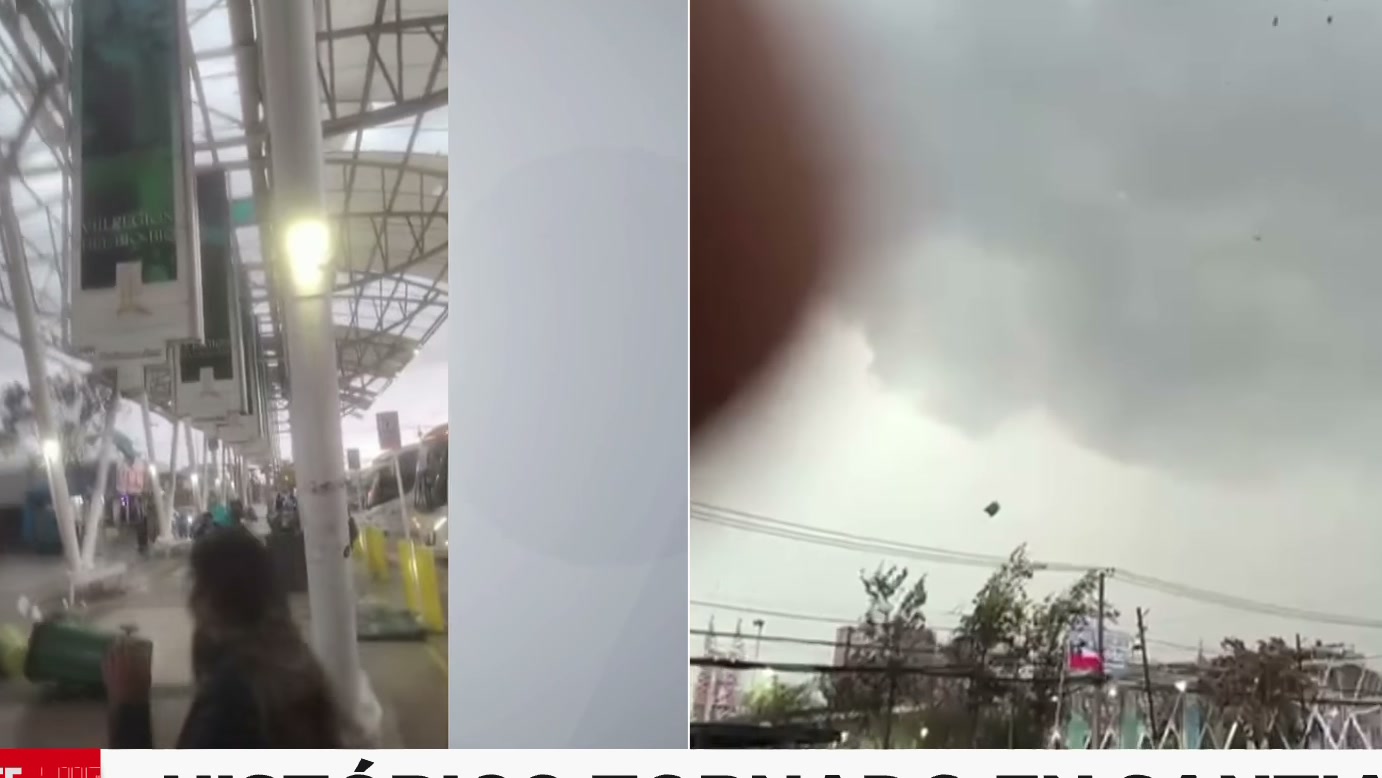 Tornado atinge área de terminal em Santiago e faz coberturas girarem, mas classificação da meteorologia chilena ainda era preliminar, segundo o Meganoticias
