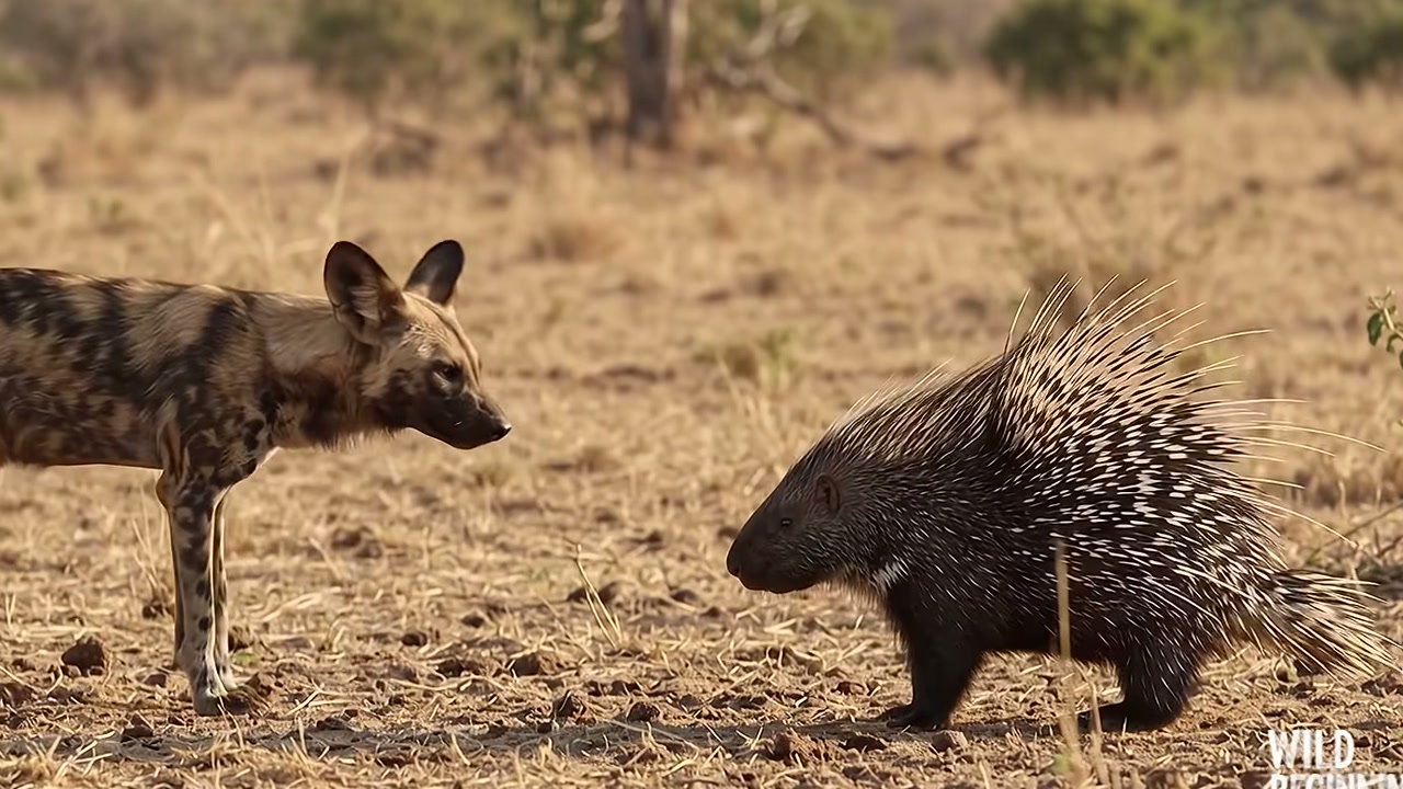 Cães-selvagens cercam porco-espinho e procuram abertura para atacar, mas defesa com espinhos leva matilha a se afastar na narrativa apresentada pelo Wild Beginnings