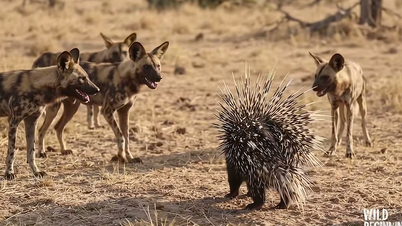 Cães-selvagens cercam porco-espinho e procuram abertura para atacar, mas defesa com espinhos leva matilha a se afastar na narrativa apresentada pelo Wild Beginnings